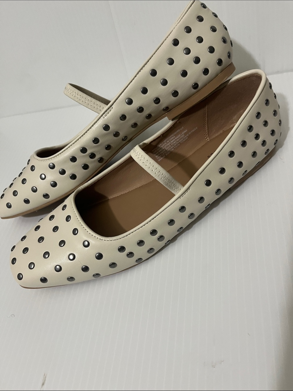 Cream Studded Mary Jane Flats - Women's. All-over small metallic stud pattern.